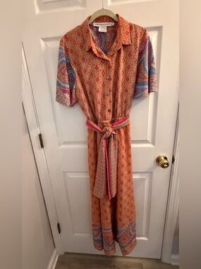 Boho Printed Button-Front Orange Maxi Dress with Tie Belt